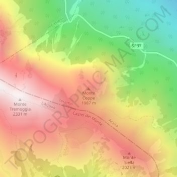 Mapa topográfico Monte Coppe, altitude, relevo