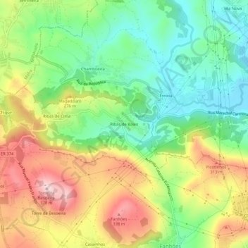 Mapa topográfico Ribas de Baixo, altitude, relevo