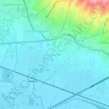 Mapa topográfico Cibiru Hilir, altitude, relevo
