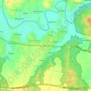 Mapa topográfico Ngasinan, altitude, relevo