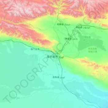 Mapa topográfico 巴音郭楞蒙古自治州, altitude, relevo