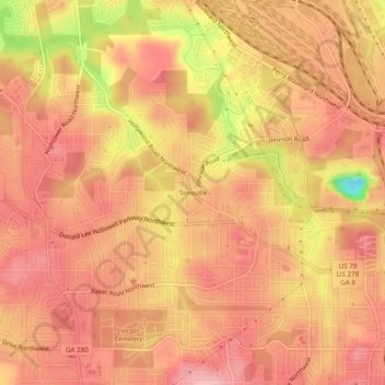 Mapa topográfico Simsville, altitude, relevo