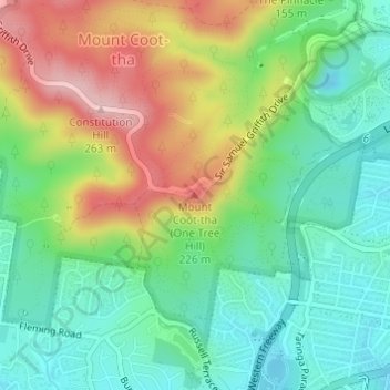 Mapa topográfico Mount Coot-tha (One Tree Hill), altitude, relevo