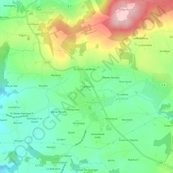 Mapa topográfico Kerinou, altitude, relevo