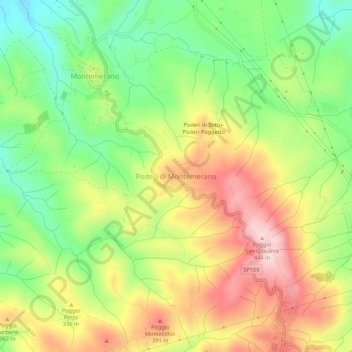 Mapa topográfico Poderi di Montemerano, altitude, relevo
