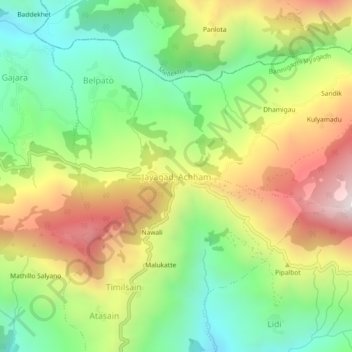 Mapa topográfico Jayagad, Achham, altitude, relevo