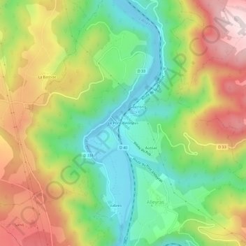 Mapa topográfico Le Pont d'Alleyras, altitude, relevo
