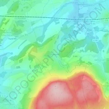 Mapa topográfico Courbenans, altitude, relevo