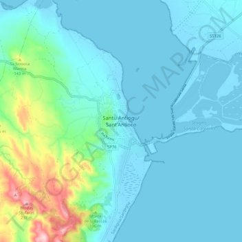 Mapa topográfico Sant'Antioco, altitude, relevo