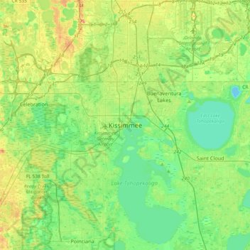 Mapa topográfico Kissimmee, altitude, relevo