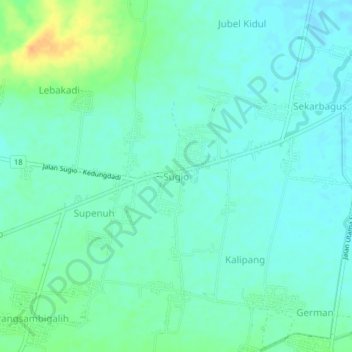 Mapa topográfico Sugio, altitude, relevo