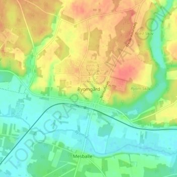 Mapa topográfico Ryomgård, altitude, relevo