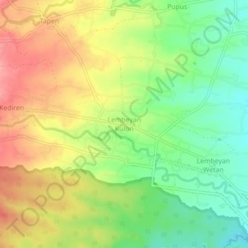 Mapa topográfico Lembeyan Kulon, altitude, relevo