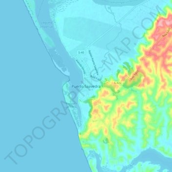 Mapa topográfico Puerto Saavedra, altitude, relevo