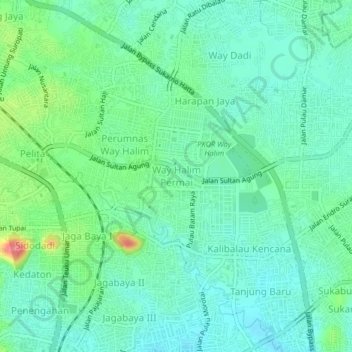 Mapa topográfico Way Halim Permai, altitude, relevo