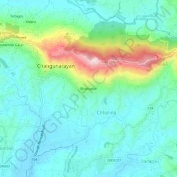 Mapa topográfico Bhaktapur, altitude, relevo