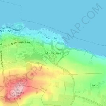 Mapa topográfico Muirhouses, altitude, relevo