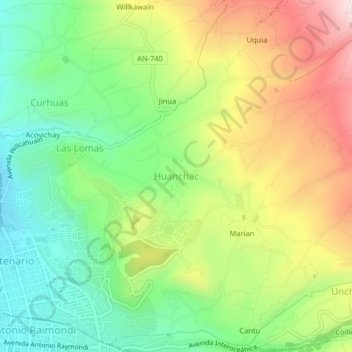 Mapa topográfico Huanchac, altitude, relevo