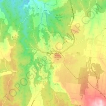Mapa topográfico Daylesford, altitude, relevo
