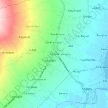 Mapa topográfico Tigaon, altitude, relevo