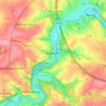 Mapa topográfico Thierbach, altitude, relevo