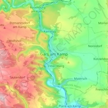 Mapa topográfico Gars am Kamp, altitude, relevo