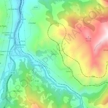 Mapa topográfico Malveo, altitude, relevo