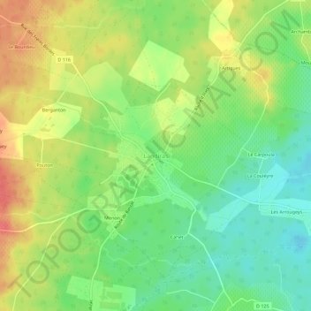 Mapa topográfico Landiras, altitude, relevo
