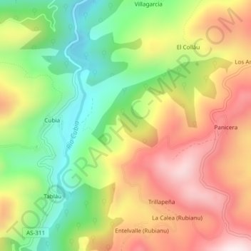 Mapa topográfico Rubiano, altitude, relevo