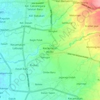 Mapa topográfico Kecamatan Kediri, altitude, relevo