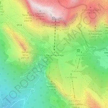 Mapa topográfico Passo Falzarego, altitude, relevo
