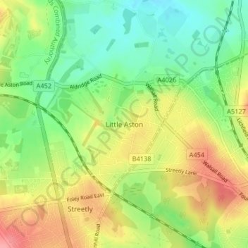 Mapa topográfico Little Aston, altitude, relevo