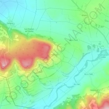 Mapa topográfico Muergas, altitude, relevo