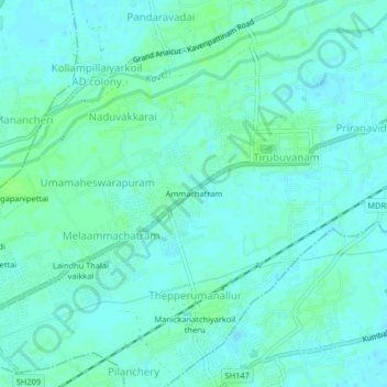 Mapa topográfico Ammachatram, altitude, relevo