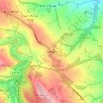 Mapa topográfico Wortley, altitude, relevo