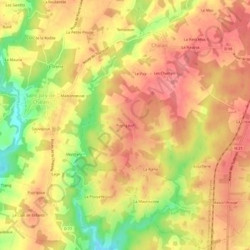Mapa topográfico Puyrigaud, altitude, relevo
