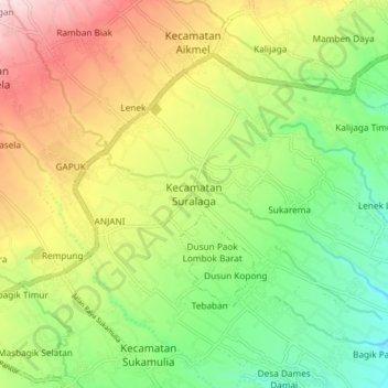 Mapa topográfico Kecamatan Suralaga, altitude, relevo