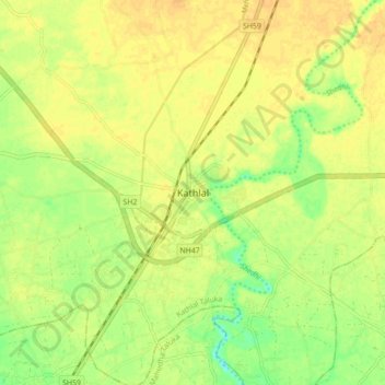 Mapa topográfico Kathlal, altitude, relevo