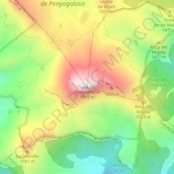 Mapa topográfico Penyagolosa, altitude, relevo