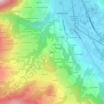 Mapa topográfico Biolley, altitude, relevo