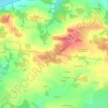 Mapa topográfico Les Quatre Routes, altitude, relevo