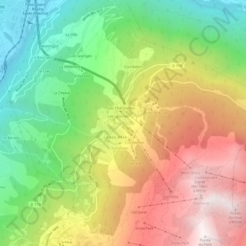 Mapa topográfico Arc 1600, altitude, relevo