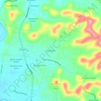 Mapa topográfico Farmington, altitude, relevo
