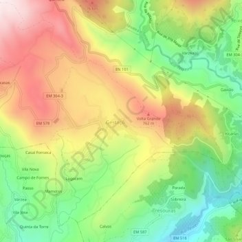 Mapa topográfico Candeiro, altitude, relevo