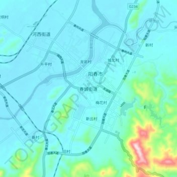 Mapa topográfico 春城街道, altitude, relevo