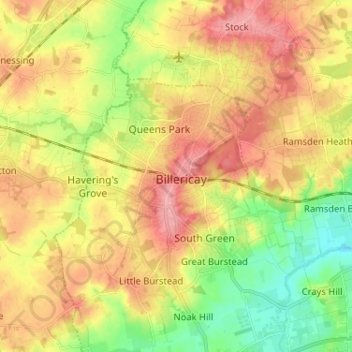 Mapa topográfico Billericay, altitude, relevo