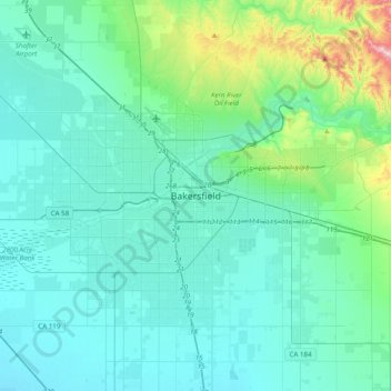 Mapa topográfico Bakersfield, altitude, relevo