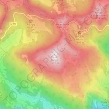 Mapa topográfico Monte Toraro, altitude, relevo