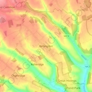 Mapa topográfico Bellingdon, altitude, relevo