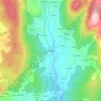 Mapa topográfico Augapesada, altitude, relevo